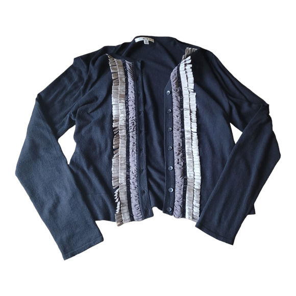 CAbi 172 Black Fringe Tuxedo Cardigan M Cotton Cashmere Quietlux Layering Piece - Picture 3 of 9